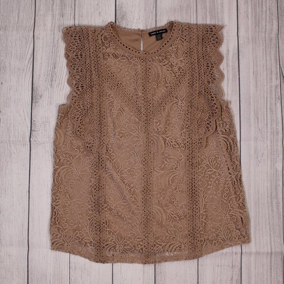 Cable And Gauge Ladies Top Sleeveless Blouse Crochet Lace Boho Taupe Brown Xlarg - Picture 5 of 9